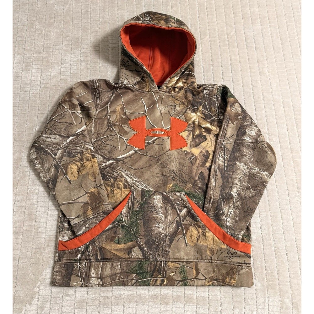 Under Armour Boys YLG Camo Hoodie Orange Logo Fleece Pullover